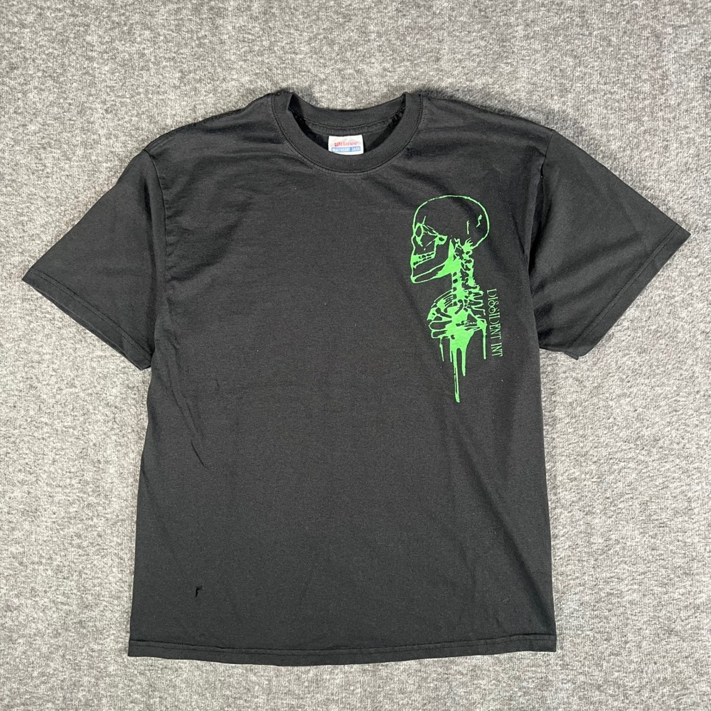 Vintage 2000s Dissident Int Skull T-Shirt Mens Medium Black Neon Green Band Tee